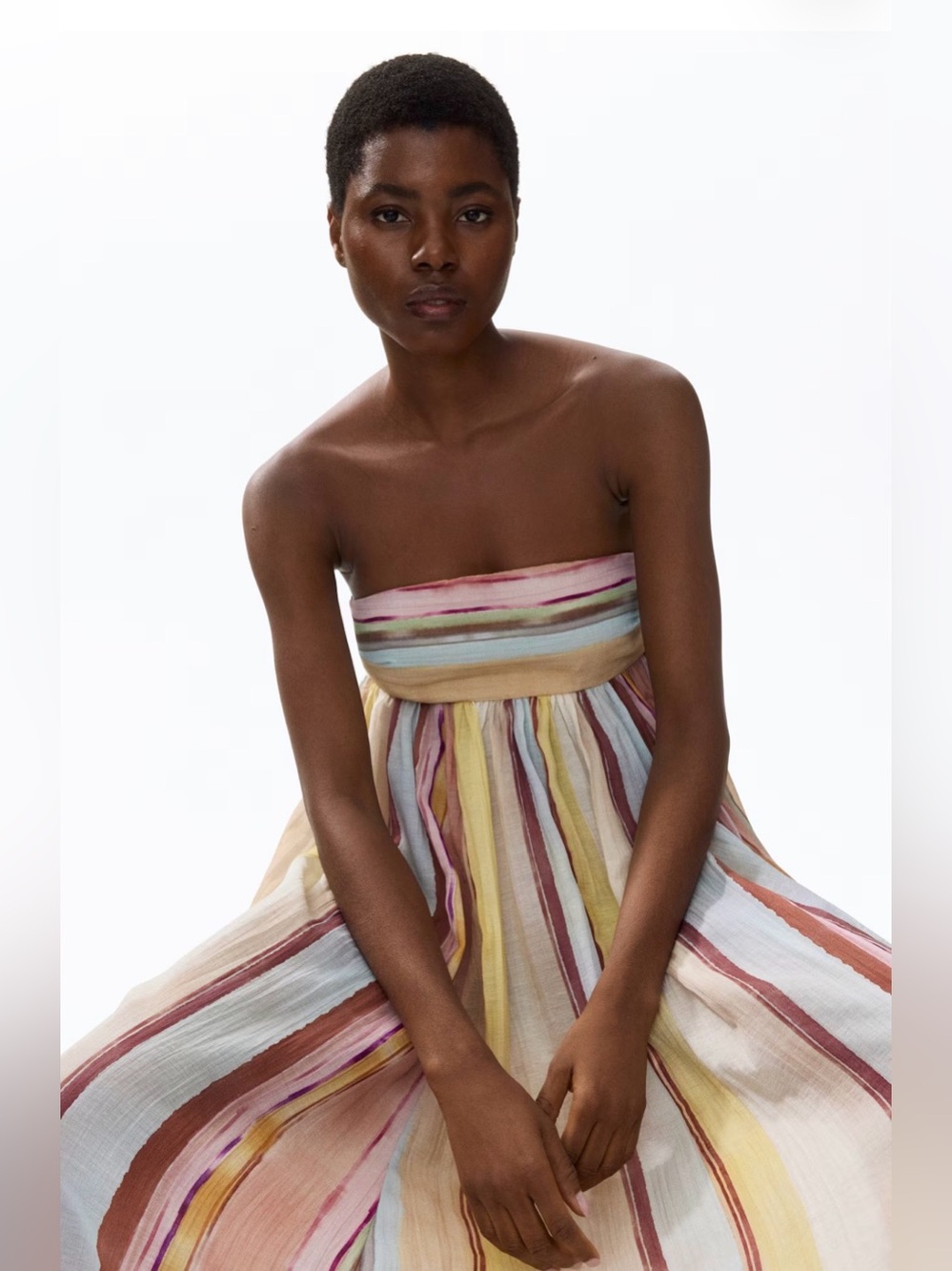 NWT H&M Long Strapless Bandeau Maxi Dress (Light beige/Striped) Sz XS